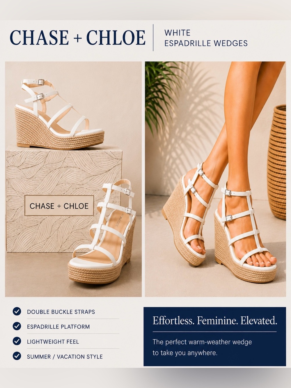 Chase + Chloe White Espadrille Platform Wedge Strappy Sandals Sz 7.5 w/ Box